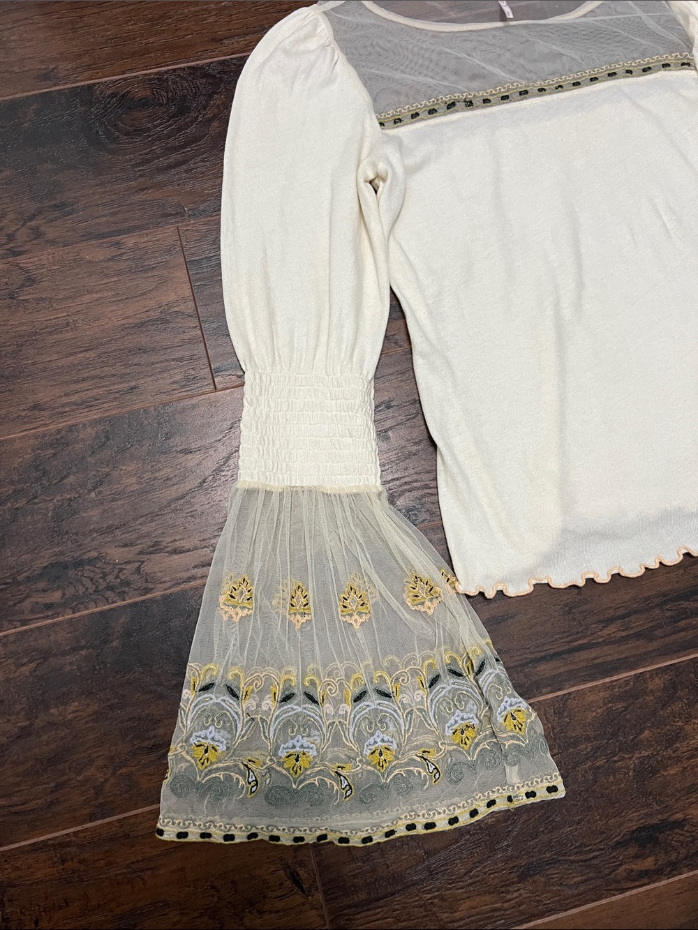 Free People Medium Ivory Boho Mesh Bell-Sleeve Top with Yellow Embroidery - Picture 3 of 9